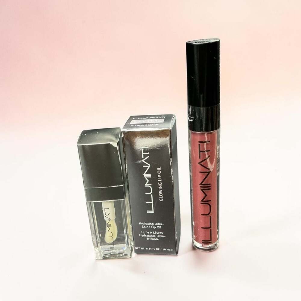 Illuminati Cosmetics Glowing Lip Oil in Crystal and Shimmer Lip Gloss in Calypso